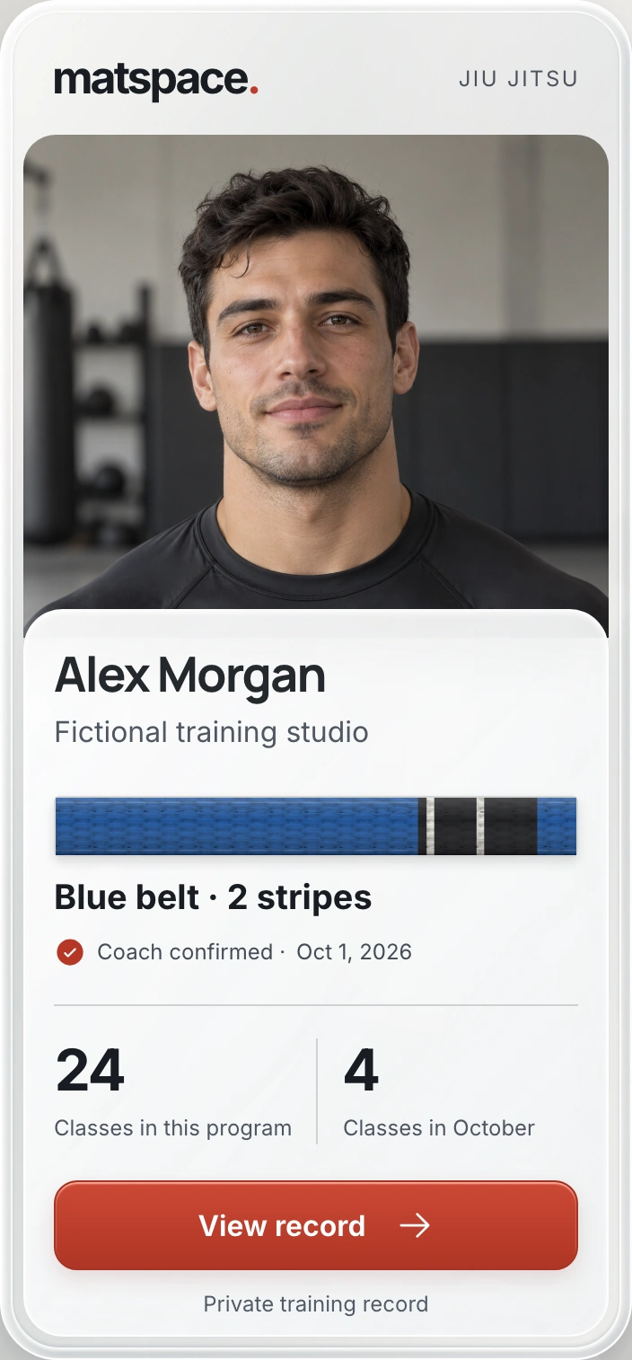 A fictional member’s actual Matspace Fighter Card with portrait, Jiu Jitsu rank and coach-confirmed progress.